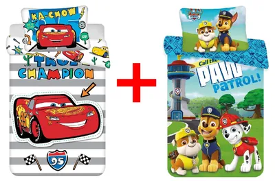 Produktbild von Disney Pixar Cars Lightning McQueen + Paw Patrol Chase Marshall Kinderbettwäsche, Bettdecke 100 x 135 cm, Kopfkissen 40 x 60 cm, 100 % Baumwolle - 2er-Set