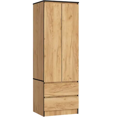 A tall, narrow wardrobe with two doors and two drawers, made of wood-effect material.