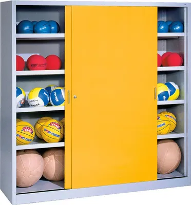 Produktbild von C+P Ballschrank mit Vollblech-Schiebetüren (Typ 4), HxBxT: 195x120x40 cm, Verkehrsgelb (RAL 1023), Lichtgrau (RAL 7035), Gleichschließung