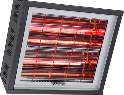 A close-up, angled view of a black and silver infrared heater with glowing red heating elements.