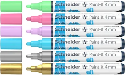 Produktbild von Schneider Schreibgeräte Paint-It, 6 Stück(e), Gold, Hellblau, Hellgrün, Hellrosa, Violett, Silber, Rundspitze, Gold, Grün, Hellblau, Pink, Violett, Silber, Weiß, Rund, 4 mm