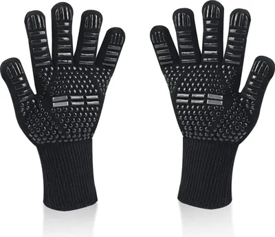 Produktbild von Grillhandschuhe, universelle Ofenhandschuhe, hitzebeständig bis 800 °C, rutschfeste, flammhemmende Silikon-Küchenhandschuhe mit Unterarmschutz, für Grillen, Backen, Kamin (schwarz)