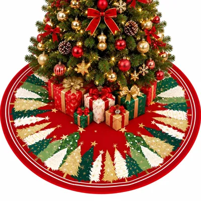 Weihnachtsbaumrock 122 cm, rot mit Tannen und Sternen
