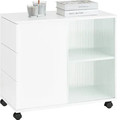 Image de Caisson roulant pour le bureau - Meuble de classement/support d'imprimante - Avec 5 tiroirs - Avec roulettes - Pour imprimantes et dossiers - Montage nécessaire - Blanc