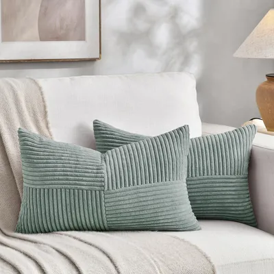 Produktbild von Set mit 2 graublauen Cord-Kissenbezügen, 40 x 80 cm, weich, moderne Dekokissenbezüge, Sofakissen, Boho-Dekoration für Sofa, Schlafzimmer, Wohnzimmer, Bett