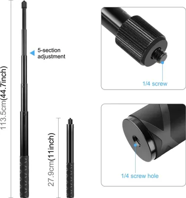 Zdjęcie produktu dla Puluz PU817 Uchwyt do selfie na kierownicę motocykla o regulowanej długości 27,9 cm-113,5 cm ze śrubą 1/4 cala i zestawem adapterów sportowych do Gopro Hero 11/10/9/8 Insta360 One X/One/Evo