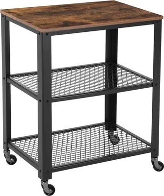 Image de Table à plateau pivotant, chariot de cuisine, meuble de cuisine, étagère de cuisine, chariot, plateau de cuisine sur 4 roues, structure en acier, 3 plateaux, pour la cuisine et le salon, design industriel, marron-noir