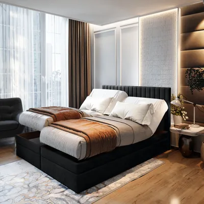 Produktbild von TRADA Adele Boxspringbett 200x200 Elektrisch verstellbar Taschenfederkern Doppelmatratze 9 Zonen Topper Bett mit Bettkasten Velour Stoff Schwarz