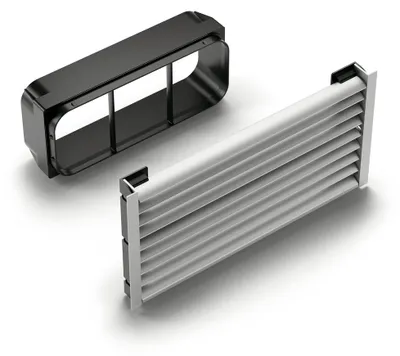 Zdjęcie produktu dla Kratka wentylacyjna cokołowa Naber Prime 150 kątowa przepływowa, kolor stali nierdzewnej 4051072 System kanałów płaskich 150 mm w komplecie