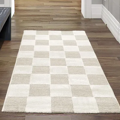 Produktbild von Teppich Pflegeleicht und Strapazierfähig mit Karomuster in Creme Beige Größe - 80 x 150 cm