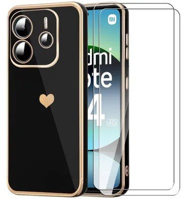 Image de Coque + 2 Verres Trempés pour Xiaomi Redmi Note 14 4G, Motif Cœur Anti-Rayure Souple TPU Noir