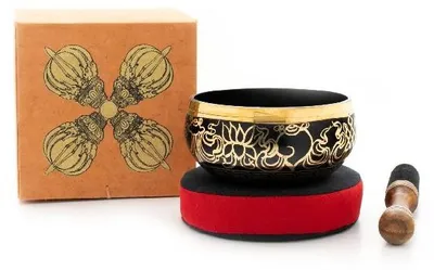 Produktbild von Geschenkset mit grösserer Klangschale in brauner Box mit Aufdruck