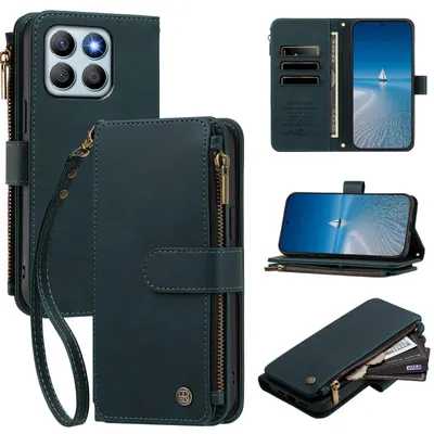 Image de Étui pour Honor X8B, en cuir synthétique, type portefeuille, avec emplacements pour cartes, poche zippée, support et dragonne, couleur verte