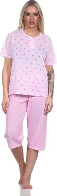 Produktbild von Damen Pyjama 3/4 Hose & Shirt mit Blumenmuster; Rosa/L/40