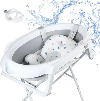 Produktbild von Yakimz Babybadewanne mit Gestell 85cm - Baby Badewanne Faltbar mit Badekissen - Babywanne mit Ständer Sicher für Ihr Baby - Babybadewanne Neugeborene