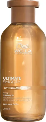A bottle of Wella Ultimate Smooth Shampoo against a white background.