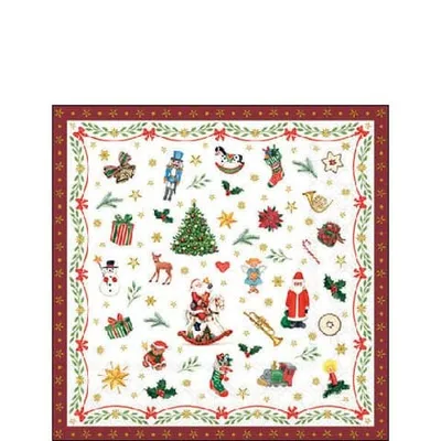 Produktbild von 20 kleine Cocktailservietten Ornaments all over red - Kleine Weihnachtssymbole rot 25x25cm
