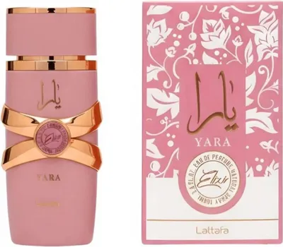 A pink perfume bottle and its matching pink box are displayed side-by-side against a white background.