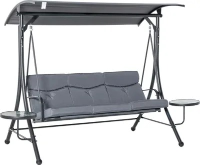 Produktbild von Hollywoodschaukel 3-Sitzer mit Teetischen, 271x125x172 cm, Grau+Schwarz, verstellbares Sonnendach, Stahlrahmen, belastbar bis 300 kg