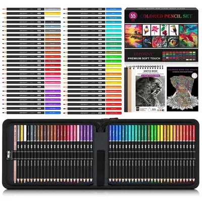 Produktbild von Buntstifte-Set 55-teilig für Erwachsene mit Skizzenbuch, Malbuch, Mischstift, Spitzer, Farbkarte, Geschenkbox und Etui