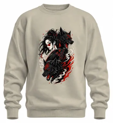 Obrázek produktu pro Japonská válečnice, dva vlci, katana, Japonsko, mikina s potiskem "Samuraj", styl Y2K, přírodní motiv, velikost XXL