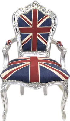 Produktbild von Barockstuhl Barock Stuhl Armlehne England Silber Stoff Esszimmer Wohnzimmer Büro Flur Schminkstuhl Klassisch Premium Luxus Modern Retro Royal Antik