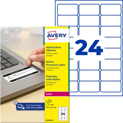 Produktbild von Avery Zweckform L6146-20, Abziehsichere Etiketten, A4, 63,5 x 33,9 mm, 480 Etiketten / 20 Bögen, weiß