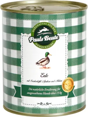 A can of dog food with a green and white checkered pattern and a label featuring a duck illustration.