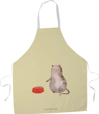 Produktbild von Mr. & Mrs. Panda Grillschürze Katze Fressen - Gelb Pastell - Geschenk, Arbeitsschürze, Kochschürze, Küchenschürze, Schürze, Gastro-Schürze, Küchenzubehör