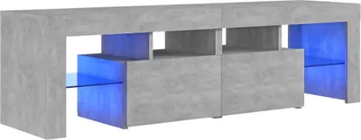 A modern media console with integrated blue LED lighting.