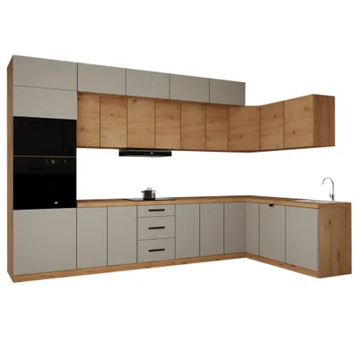 Produktbild von Winkelküche 360 x 200 cm Einbauküche Küchenblock Ohne Arbeitsplatte L-Küche, Langen KL10-M360,Beige /Artisan Eiche