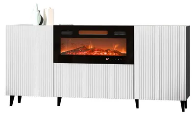 Produktbild von Mirjan24 Kommode Pafos 180 mit Kamin, Stilvoll Schlafzimmer Kollektion, Highboard, Modern Sideboard (Farbe: Weiß / Schwarz Füße, mit Kamin Schwarz)