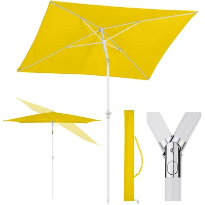 A yellow rectangular umbrella is shown from multiple angles, including a close-up of its pole connection and a folded state with its carrying case.