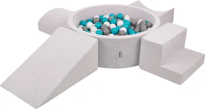 Produktbild von KiddyMoon spielplatz aus schaumstoff mit rund bällebad (300 bälle) ballgruben für babys spielbad hindernisläufen, hergestellt in der eu, hellgrau:grau/weiß/türkis