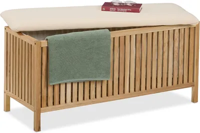 Image de Banc de salle de bain avec panier à linge - 100 litres - 50x100x38 cm - Bois et tissu - Tabouret de salle de bain avec rangement - Naturel - Blanc