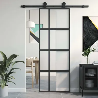 Produktbild von vidaXL Drzwi przesuwne czarne 76x205 cm szkło hartowane i aluminium