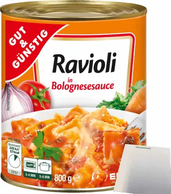 Produktbild von Gut & Günstig Ravioli in Bolognesesauce gefüllte Teigtaschen mit fleischhaltiger Füllung (800g Dose) + usy Block