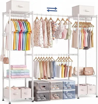 Imagen del producto de Perchero con 6 estantes, barra extensible para colgar ropa, de metal