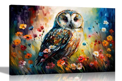 Produktbild von Abstrakte Leinwandbild mit Eule und Blumen