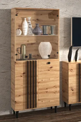 Produktbild von Vitrine Laura III Glas Bar Schrank Schränke Regal Holz Möbel Wohnzimmer Glastür mit Holzbeine Standvitrine Wohnzimmerschrank ohne LED-Beleuchtung (Eiche Artisan und schwarz)