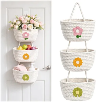 Productafbeelding van Hangorganizer met 3 verdiepingen van katoenen touw - Wanddeur hangmand