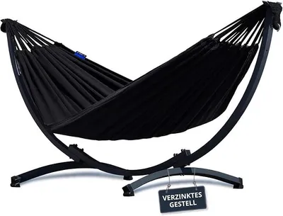 Produktbild von Hängematte mit Gestell I Stabiler Rahmen 200kg - 250cm Balkon I Hängematte 200x120cm I Indoor Outdoor Garten Pool Terrasse Stahl (Verzinktes Gestell Graphit, Schwarz)