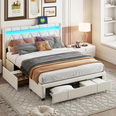 Produktbild von ProximaX Polsterbett Doppel (160x200 cm), 4 Schubladen & LED, Kopfteil mit USB-Ladefunktion, Stauraumbett mit Holz Lattenrost, Jugendbett mit Rückenlehne,Beige