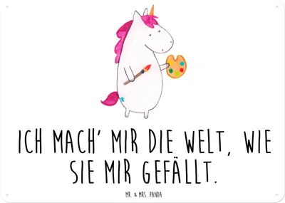 Produktbild von Mr. & Mrs. Panda Blechschild Einhorn Künstler DIN A6 - Weiß - Geschenk, tafel, Wandschild, Englisch, Wandbild, Zeichnen, Farbe, wandtafel, Welt, Maler, Deko, Schild