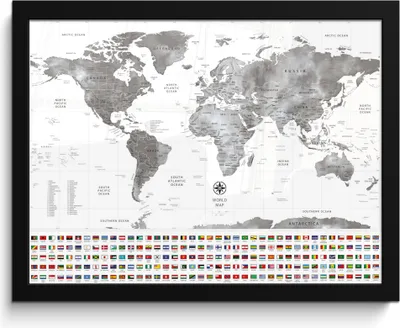 Produktbild von MuchoWow® MuchoWow® Gerahmtes Poster Weltkarte - Flagge - Schwarz - Weiß 40x30 cm - Poster mit zchwarzem Bilderrahmen - Kunstposter - Wanddekorationen