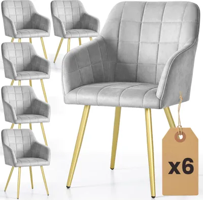 Produktbild von 6er Set Polsterstühle mit quadratischen Ziernähten LUXANO Grau mit goldenen Beinen