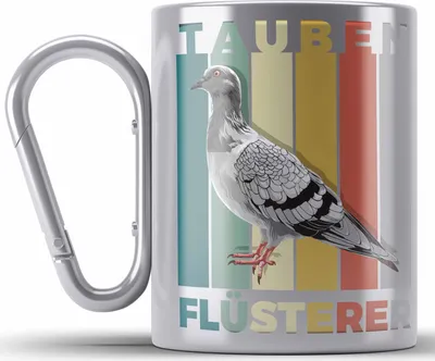 Produktbild von Trendation - Taubenzüchter Geschenk Zaubenzucht Zubehör Tauben Edelstahl Tasse Karabiner Lustiger Spruch Taubenflüsterer Becher (Silber)