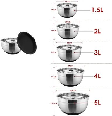 Produktbild von Rührschüssel 5st Rührschüssel Edelstahl 16-24cm Mit Skala Silikonboden