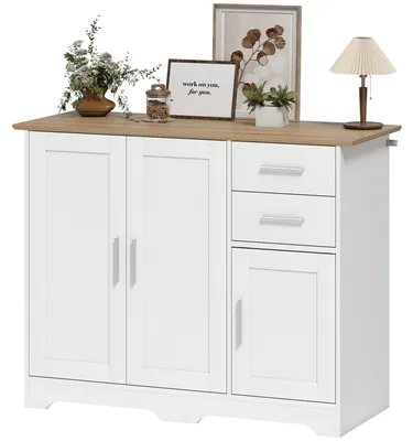 Produktbild von Wohnzimmer-Sideboard, Aufbewahrungsm?bel mit 2 Schubladen, 3 Tš¹ren und verstellbarem Einlegeboden, 100 x 40 x 78 cm, wei? und naturfarbenes Holz