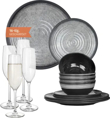 Produktbild von Melamin Camping Geschirr Set 4 Personen Stone Grey + 4 Tiamo Champgner Gläser Flûtes Tafelgeschirr Picknick BBQ Kochgeschirr
